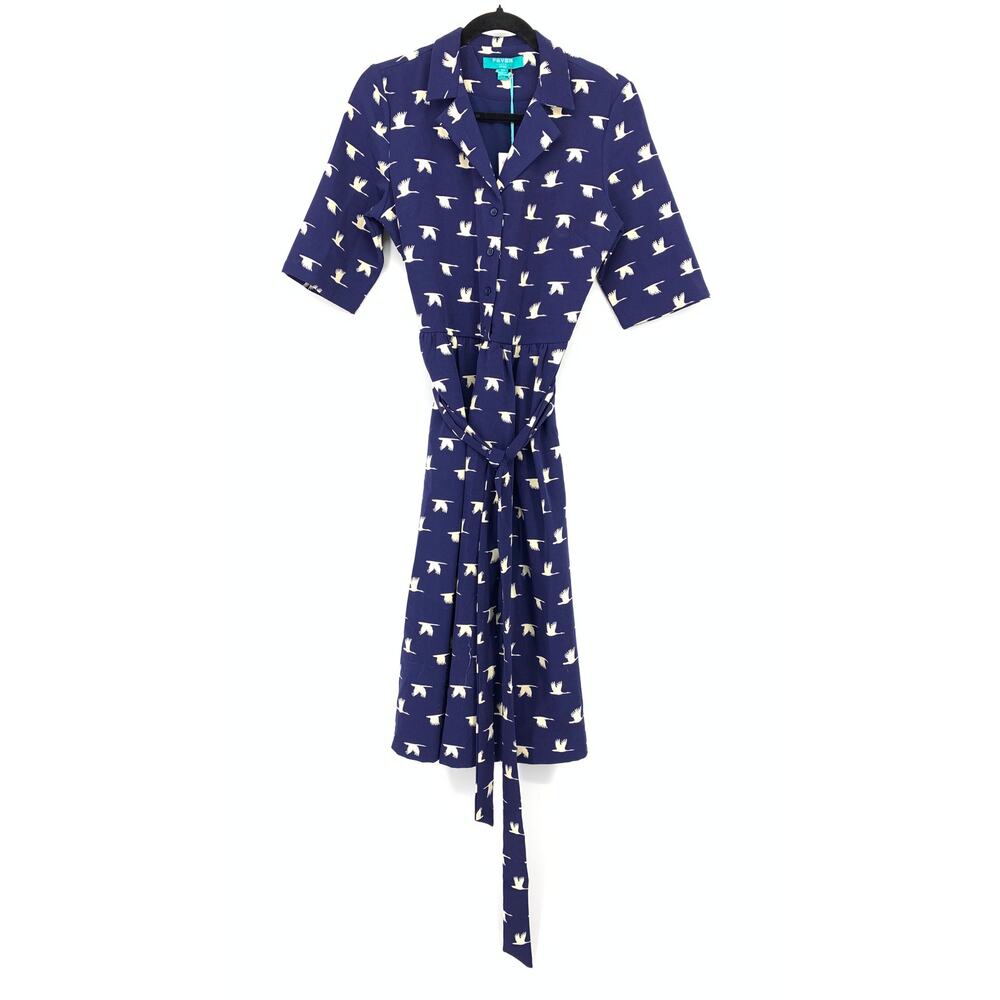 Modcloth Fever London Aria Shirt Dress Womens Size 8 Blue White Bird Print *READ